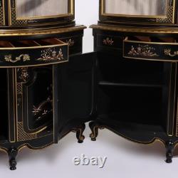 Pair Lighted Vintage Ebonized & Gilt Karges School Corner Cabinets 20thC
