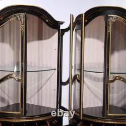 Pair Lighted Vintage Ebonized & Gilt Karges School Corner Cabinets 20thC