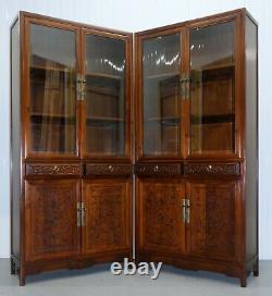 Pair Of Chinese Walnut Cabinets With Glass Doors And Carved Details