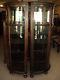 Pair Of Antique Oak Curved Glass Corner Cabinets, On Sale