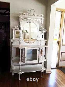 Pearl White Wood ORNATE Antique ETAGERE Open Display Shelves & Mirror Cabinet