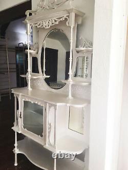 Pearl White Wood ORNATE Antique ETAGERE Open Display Shelves & Mirror Cabinet