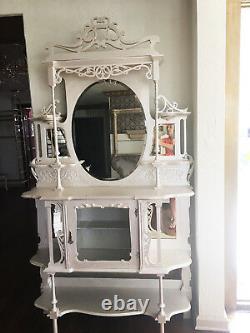 Pearl White Wood ORNATE Antique ETAGERE Open Display Shelves & Mirror Cabinet