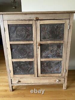 Primitive 1800s Pie Safe Punched Tin Cabinet Cupboard Rustic Wood with Drawer