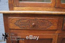 Primitive Antique Oak Carved Stepback Cupboard China Display Cabinet 74 Hoosier