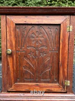 Primitive Antique Wooden Cabinet Cupboard 2 Shelf Northern Carved Panel Door