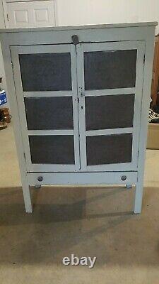 Primitive antique star punched tin pie safe cupboard cabinet painted white