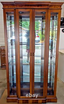 Pulaski Breakfront Lighted Curio Burled Wood 4 Glass Shelves 76t 42w 13d USA