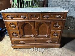 Rare 1860s Walnut Victorian 8 Drawer Marble Top Server Side Cabinet! Carved