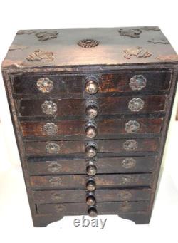 Rare Antique Asian 8 Drawer Wood Spice Organizer Cabinet 13 1/2 Inches High