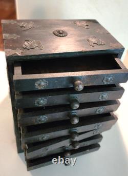 Rare Antique Asian 8 Drawer Wood Spice Organizer Cabinet 13 1/2 Inches High