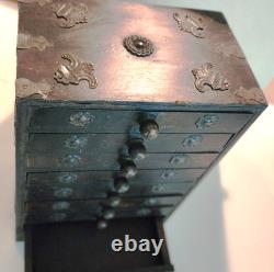 Rare Antique Asian 8 Drawer Wood Spice Organizer Cabinet 13 1/2 Inches High