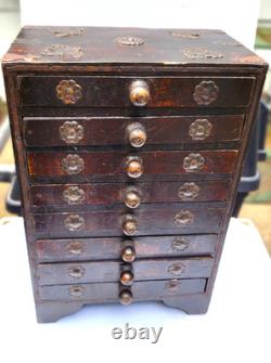 Rare Antique Asian 8 Drawer Wood Spice Organizer Cabinet 13 1/2 Inches High