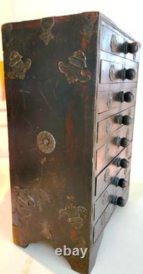 Rare Antique Asian 8 Drawer Wood Spice Organizer Cabinet 13 1/2 Inches High