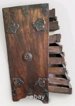 Rare Antique Hindu Eight Drawer Cabinet Wood Metal Accents Carved Round Handles
