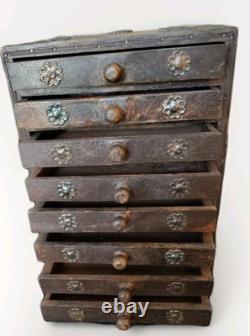 Rare Antique Hindu Eight Drawer Cabinet Wood Metal Accents Carved Round Handles