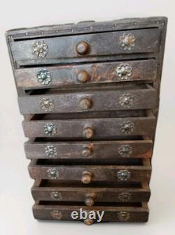 Rare Antique Hindu Eight Drawer Cabinet Wood Metal Accents Carved Round Handles