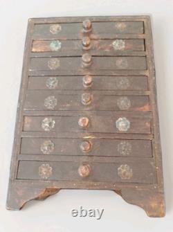 Rare Antique Hindu Eight Drawer Cabinet Wood Metal Accents Carved Round Handles