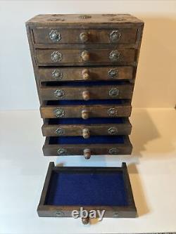 Rare Vintage Hindu 8 Drawer Wood Jewelry Organizer Cabinet w Metal Accents EUC