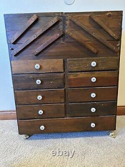 Rare antique sewing cabinet on Casters Dovetail, Pine 24x10x29