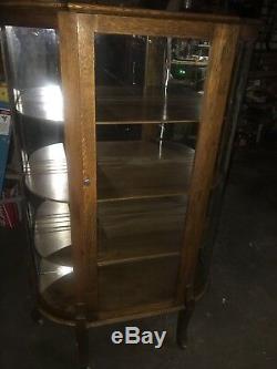 Real Nice Solid Oak Curved Glass Antique China Cabinet With Mirrored Back