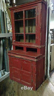 Red Farmhouse Antique Primitive Early Large Old Stepback Cupboard Cabinet