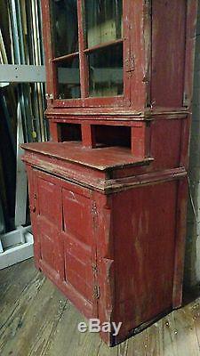 Red Farmhouse Antique Primitive Early Large Old Stepback Cupboard Cabinet