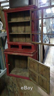Red Farmhouse Antique Primitive Early Large Old Stepback Cupboard Cabinet