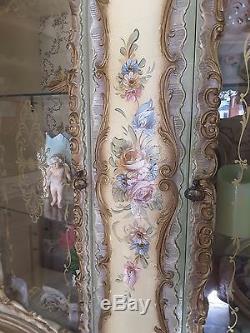 Romantic Vintage Shabby Italian Venetian Hand Painted Roses Ornate Curio Cabinet