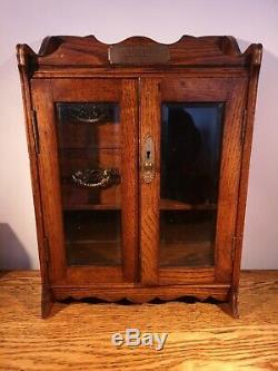 SUPER EARLY 20thC RICHLY PATINATED OAK TABLE/WALL CABINET + LOCKABLE GLASS DOORS