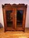 Super Early 20thc Richly Patinated Oak Table/wall Cabinet + Lockable Glass Doors