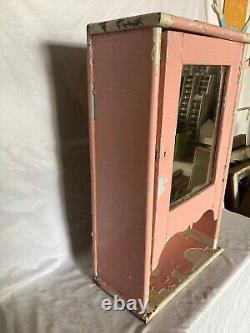Shabby Antique Oak Medicine Cabinet Beveled Mirror Pink Cottage Chic Vtg 164-22E