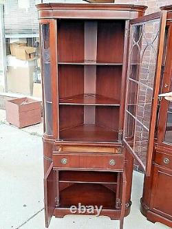 Sheraton style vintage Mahogany china corner cabinet cupboard 2 available