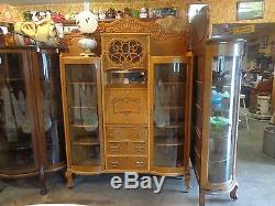 Solid, 3 drawers oak double china curved glass doors secretary in center
