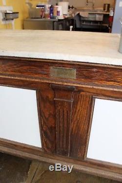 Solid Oak Table/counter With Marble Top, Milk Glass Panels, Cast Iron Feet