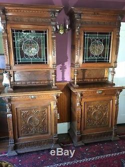 Spectacular Pair of Antique French Breton Leaded Glass Oak Cabinets ca. 1920's
