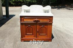 Superb Walnut Victorian Renaissance Revival Marble Top Washstand Cabinet