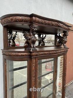 Tagged R J Horner Oak Griffin top china cabinet. Victorian/carved 1890s