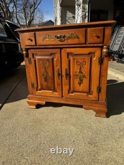 Tell City -Antique Wood Sideboard Buffet with Brass Handles and Carvings