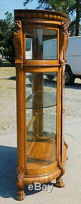 Tiger Oak Bow Front China Cabinet circa 1900Glass ShelvesMirrored Back