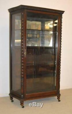 Turn Of The Century Oak China Cabinet With Rope Turned Columns & Mirrored Back