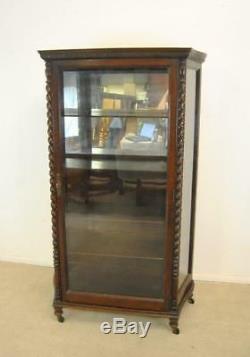 Turn Of The Century Oak China Cabinet With Rope Turned Columns & Mirrored Back