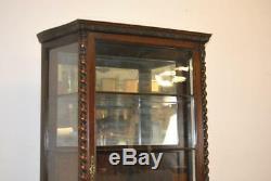 Turn Of The Century Oak China Cabinet With Rope Turned Columns & Mirrored Back