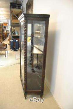 Turn Of The Century Oak China Cabinet With Rope Turned Columns & Mirrored Back