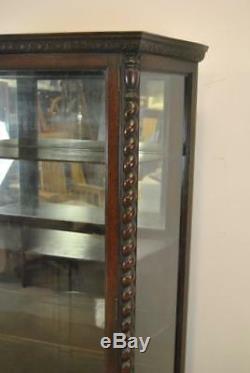 Turn Of The Century Oak China Cabinet With Rope Turned Columns & Mirrored Back