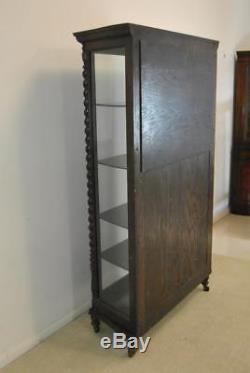 Turn Of The Century Oak China Cabinet With Rope Turned Columns & Mirrored Back