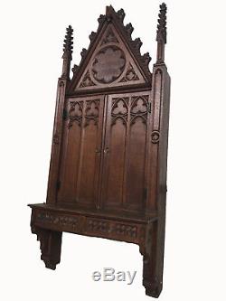 Unique Antique French Gothic Wall Cabinet, 78 Tall, Narrow, Turn of the Century