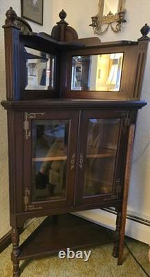 Unique Victorian Style Antique Corner Cabinet Glass and Mirror with Shelves