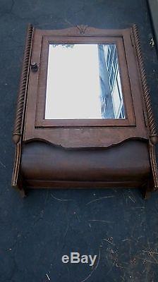 VINTAGE Oak Medicine Cabinet W Swing Mirror with fancy beading Bentwood Bottom