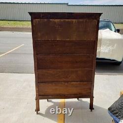 VTG Antique Curved Glass Tiger Oak Curio Cabinet with Claw Feet & Wheels with KEY